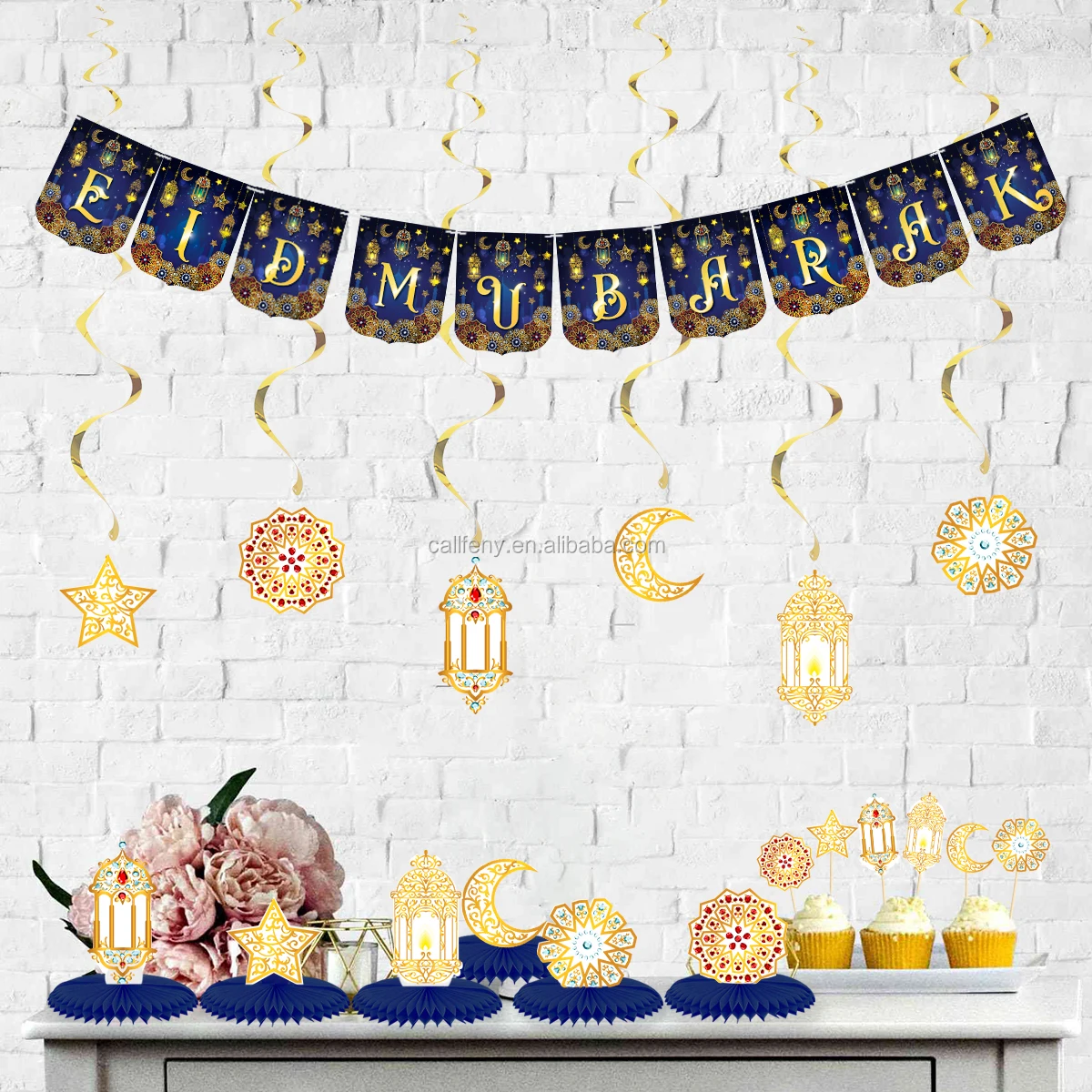new products 2020 blue eid mubarak banners and paper fans