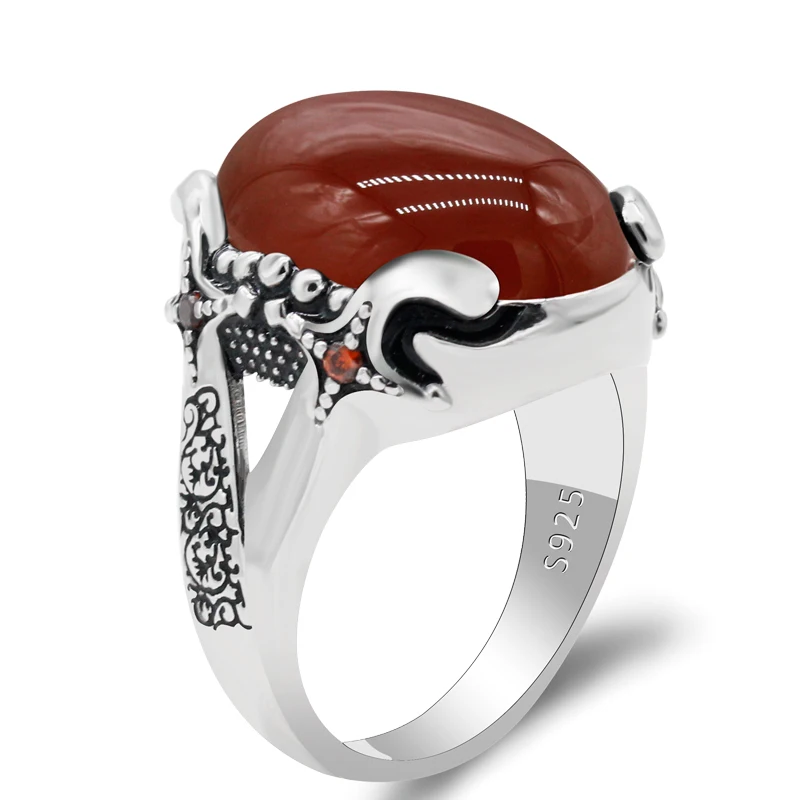 

Big Red Natural Agate Stone Pure 925 Sterling Silver Ring For Men Lines Red CZ Stone Vintage Party Ring Cool Style Turkey Ring