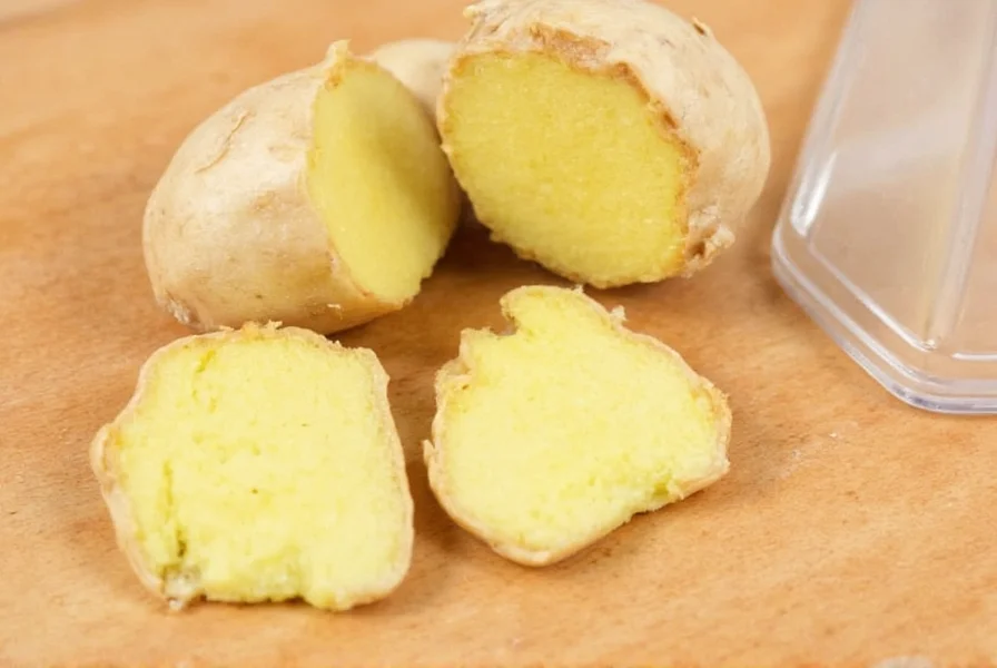 Hand holding fresh ginger root being grated on a microplane grater with fine ginger fibers collecting in a bowl below