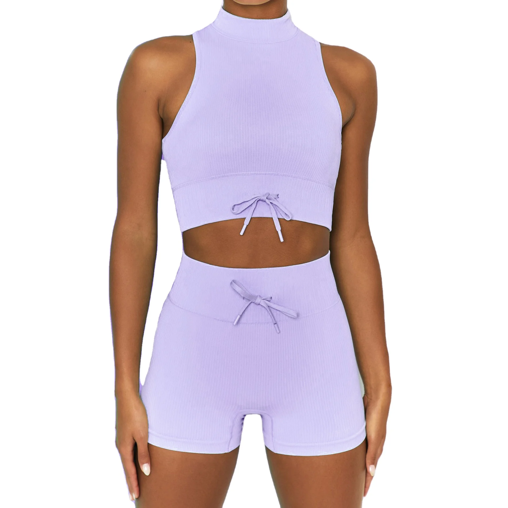 

Two Piece Outfit Set High Neck Sleeveless Top Ribbed Shorts Set Custom Sportswear Ectiva