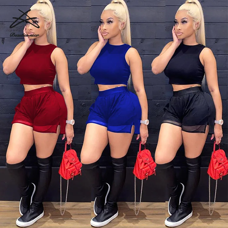 

two piece pants set women clothing 2021 Summer Women Leggings patchwork crop top plus size 2 piece biker short set, Black,blue,maroon