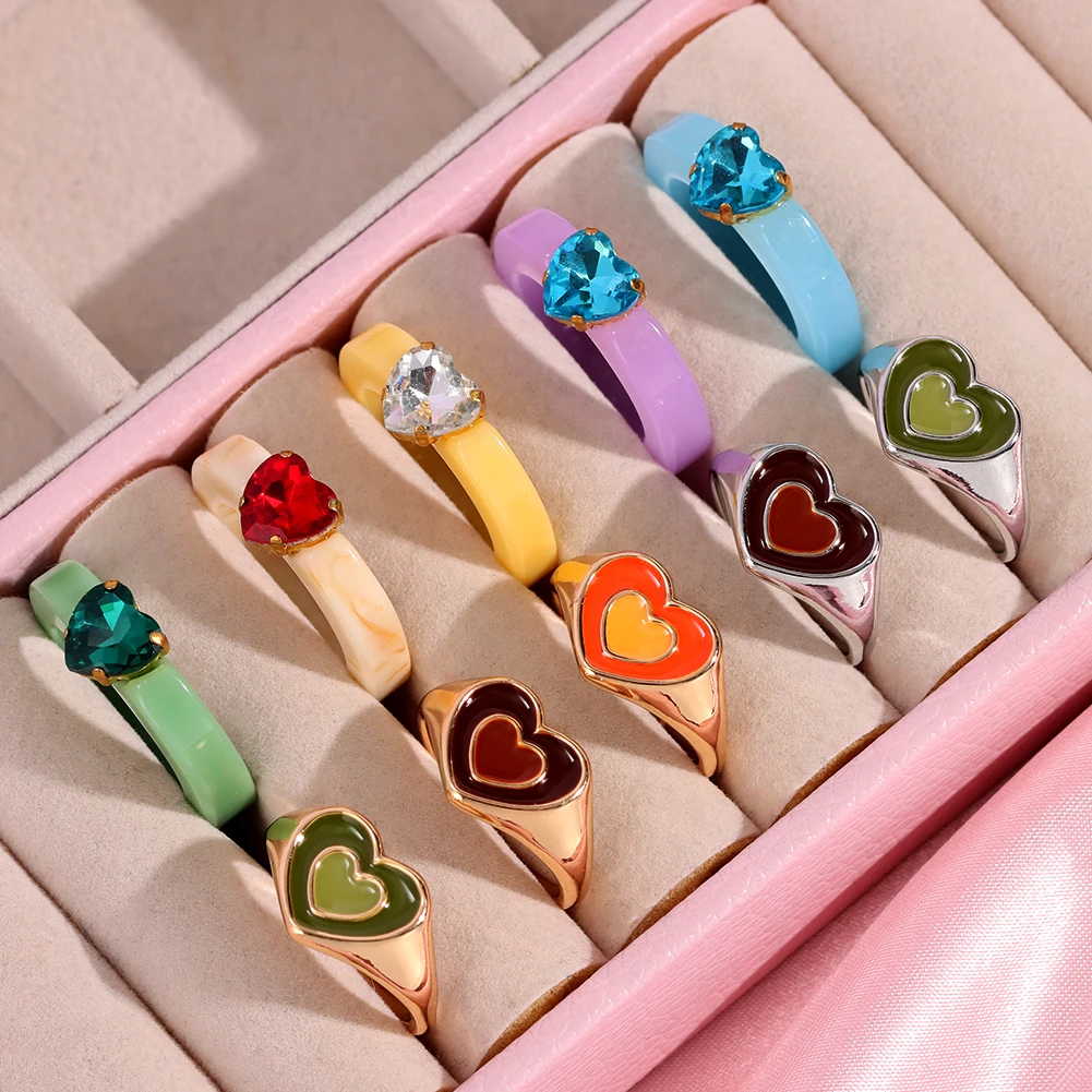 

2021 INS Fashion Simple Acrylic Resin 14k Gold Rings For Women Girls Heart Shaped Jewelry Set, Mixed color