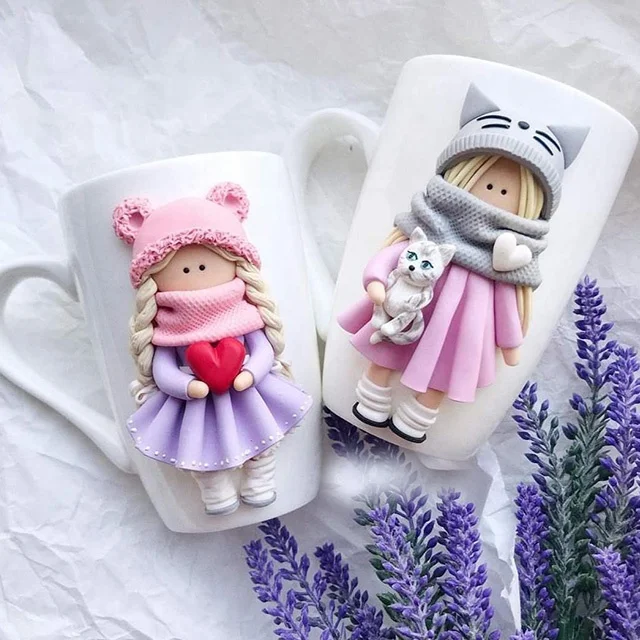 
Cute polymer clay girls ceramic coffee mug white sublimation mug 