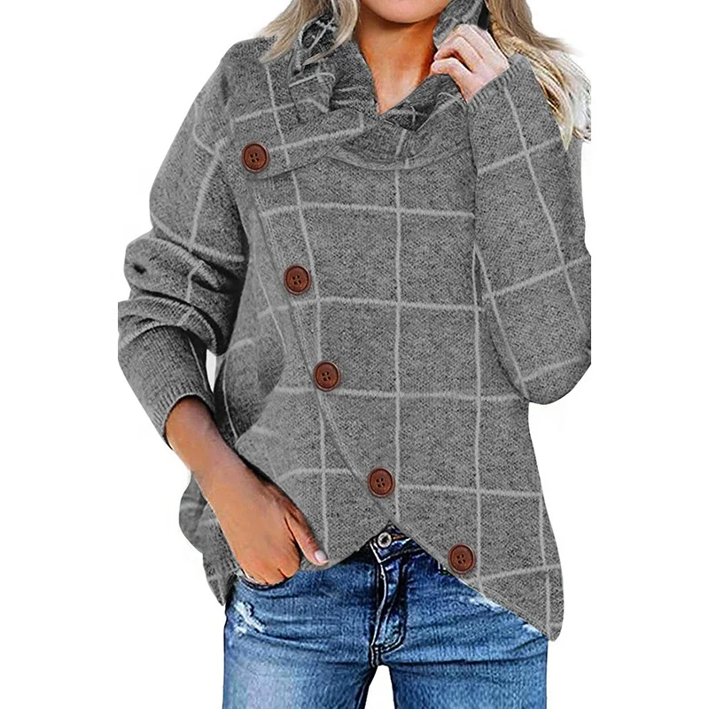 

Custom Knit Sweater Women Button Wrap Chunky Plaid Print Knit Pullover Turtleneck Sweater For Women, Accept knitted chunky knit sweater