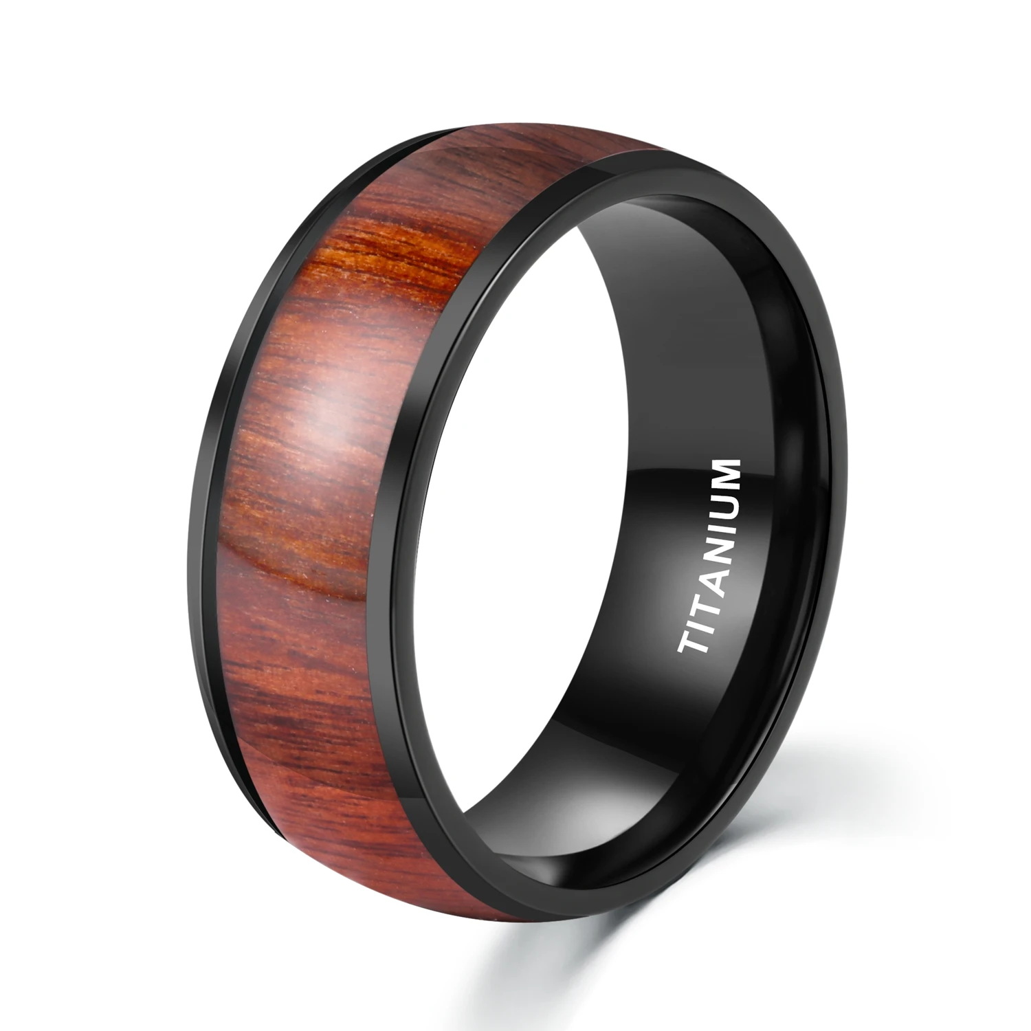

Wholesale 8mm Men Women Engagement Band Hawaiian Koa Wood Inlaid Waterproof Domed Black Titanium Ring, Customized color