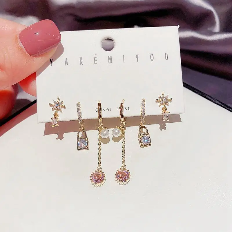 

20102718 Real gold plated Pink diamond tassel pearl earring mini crystal 6 pieces earings for women 2020