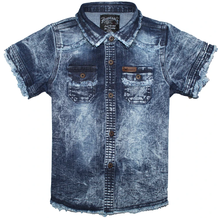 

Model Number 6A138766A Casual Bleach Navy Cloth Cowboy Denim Shirts Squared Shaped Pocket Jean Shirts, Picture