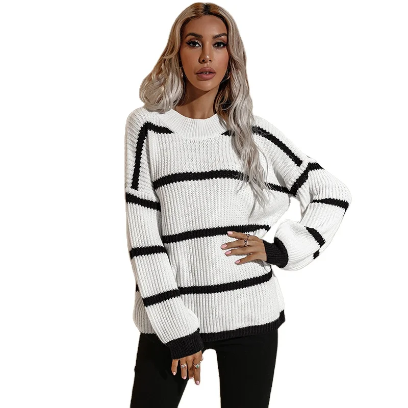 

Autumn European and American style ladies European and American style new round neck loose striped pullover knitted sweater, White