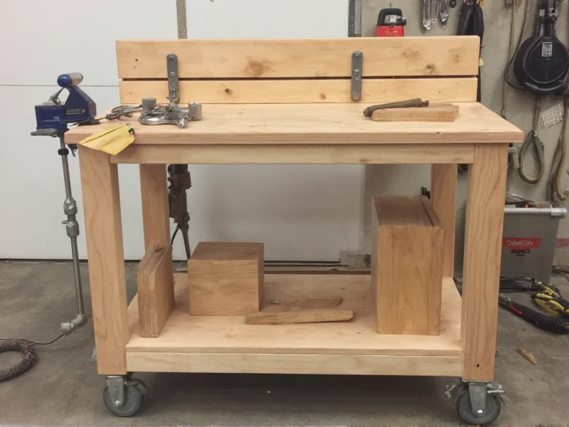 DIY garage workbench with vise and tool storage