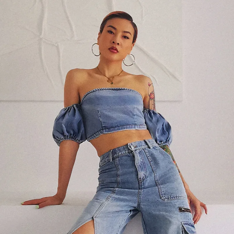 

2020 new arrivals fashion design women off shoulder bubble short sleeve denim women crop top