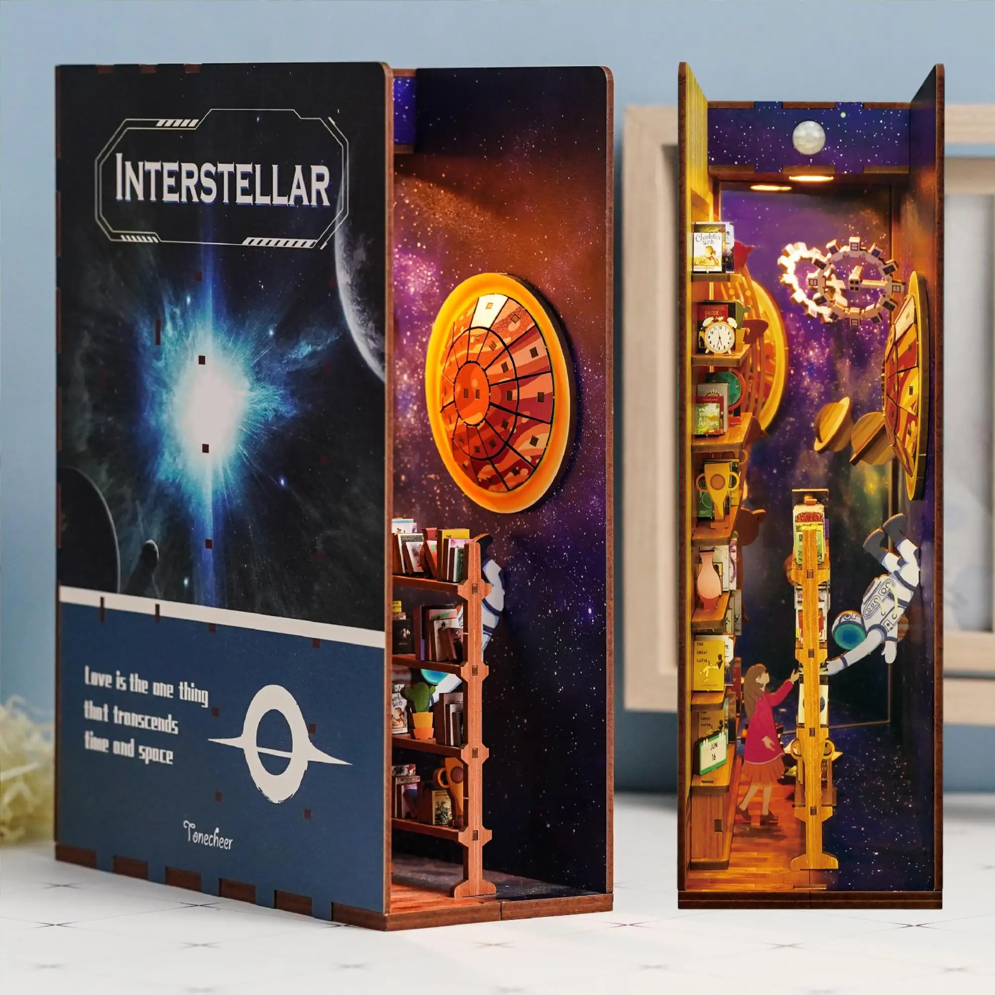 

Tonecheer Interstellar Diy Books Bookshelf Insert children's 3d wooden puzzle Book Nook with body sensor led light