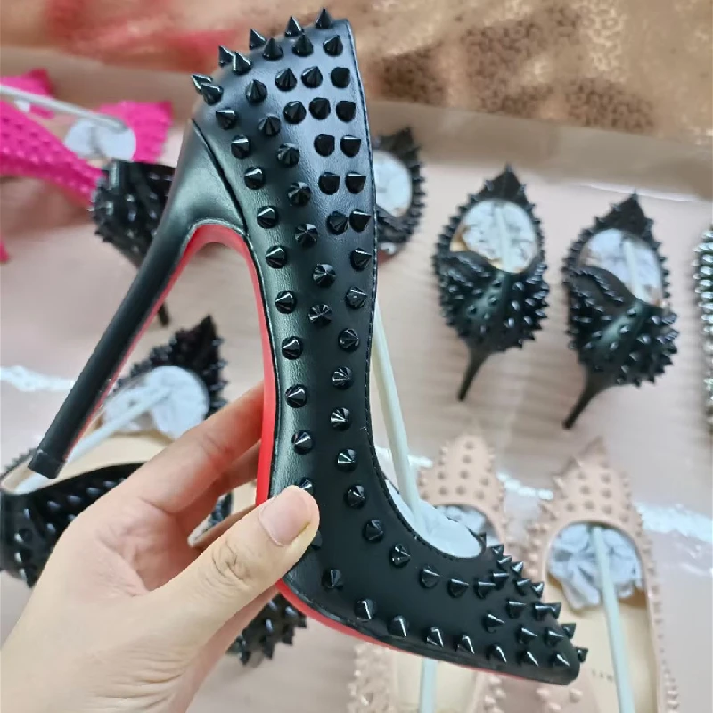 

Customize 12cm 10cm 8cm sexy studded rivets women pumps high heels stiletto luxury shoes factory