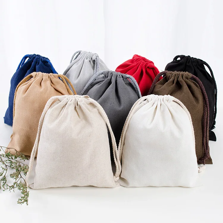 

High Quality grey white reusable small medium large soft cotton linen pouch gift drawstring bag custom logo