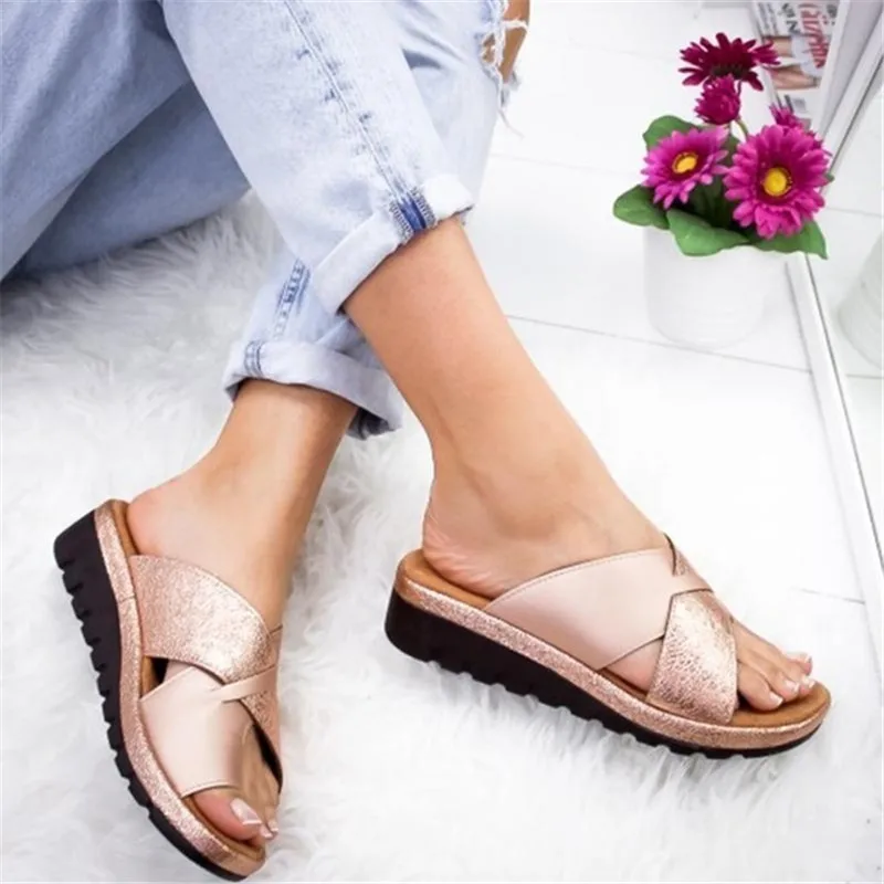 

Orthopedic Bunion Corrector Comfy Platform Wedge Ladies Casual Big Toe Correction Sandal Women Artificial PU Shoes Slippers, As photo