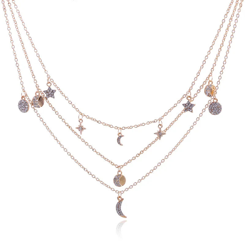 

Creative star moon disc three layer pendant collarbone necklace