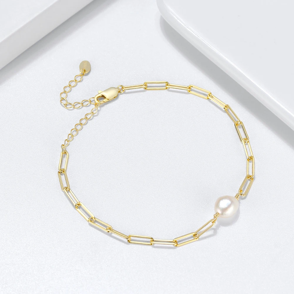 RINNTIN GPB07 Dainty Women Jewelry 925 Sterling Silver Paperclip Chain Bracelet 14K Gold Plated Paperclip Single Pearl Bracelet