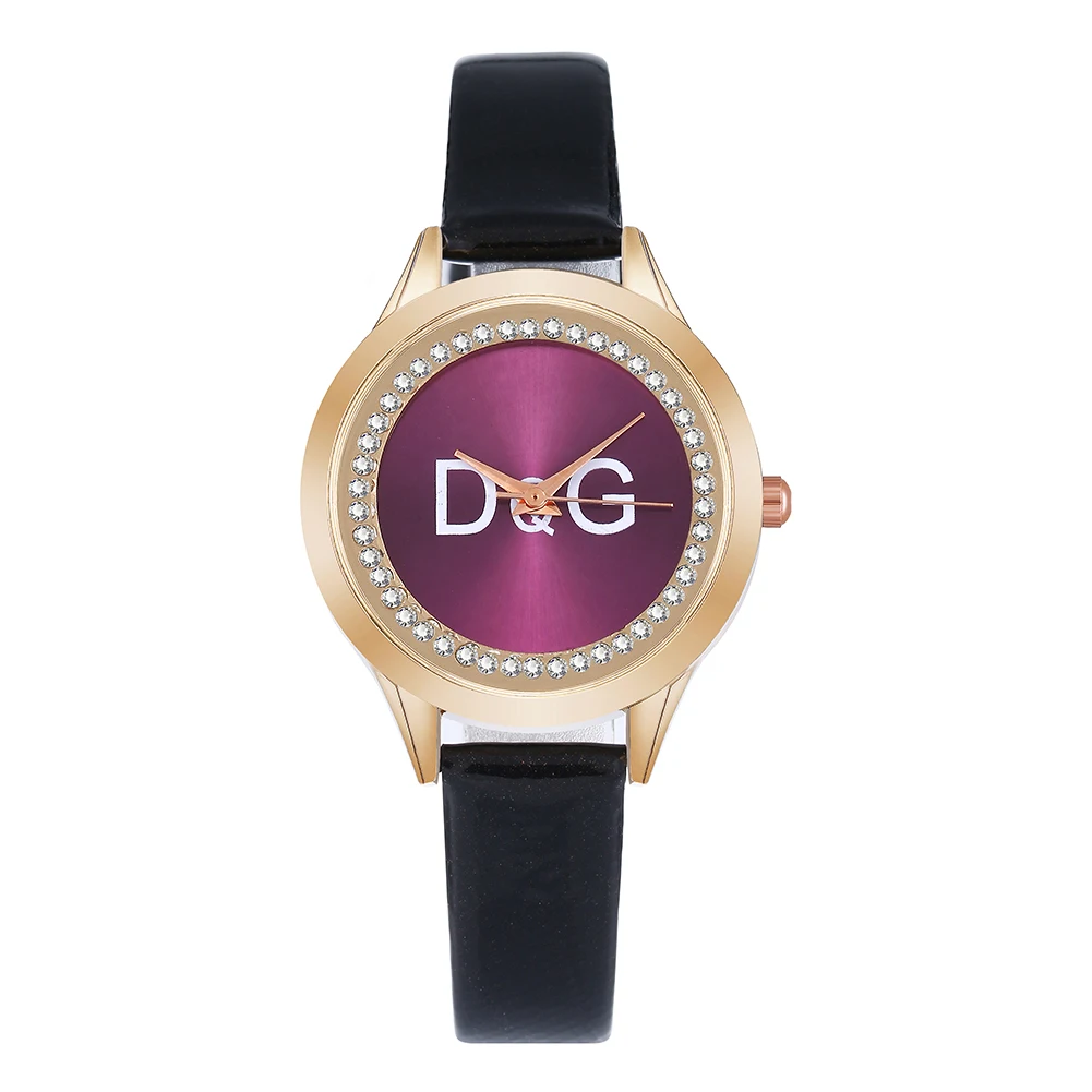 

D&G Fashion Leather strap Band Double Ring Diamond Digital Display Woman Quartz Watch, As picture