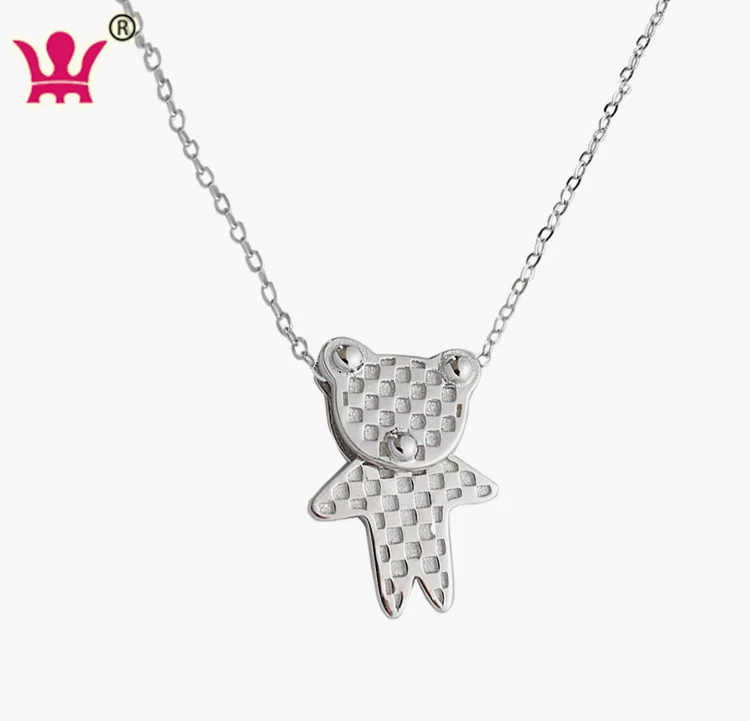 

S925 Sterling Silver Necklaces Minimalist Cute Bear Lattice Pendant Necklaces Handmade trendy Jewelry for Women and Girls, Platinum plated