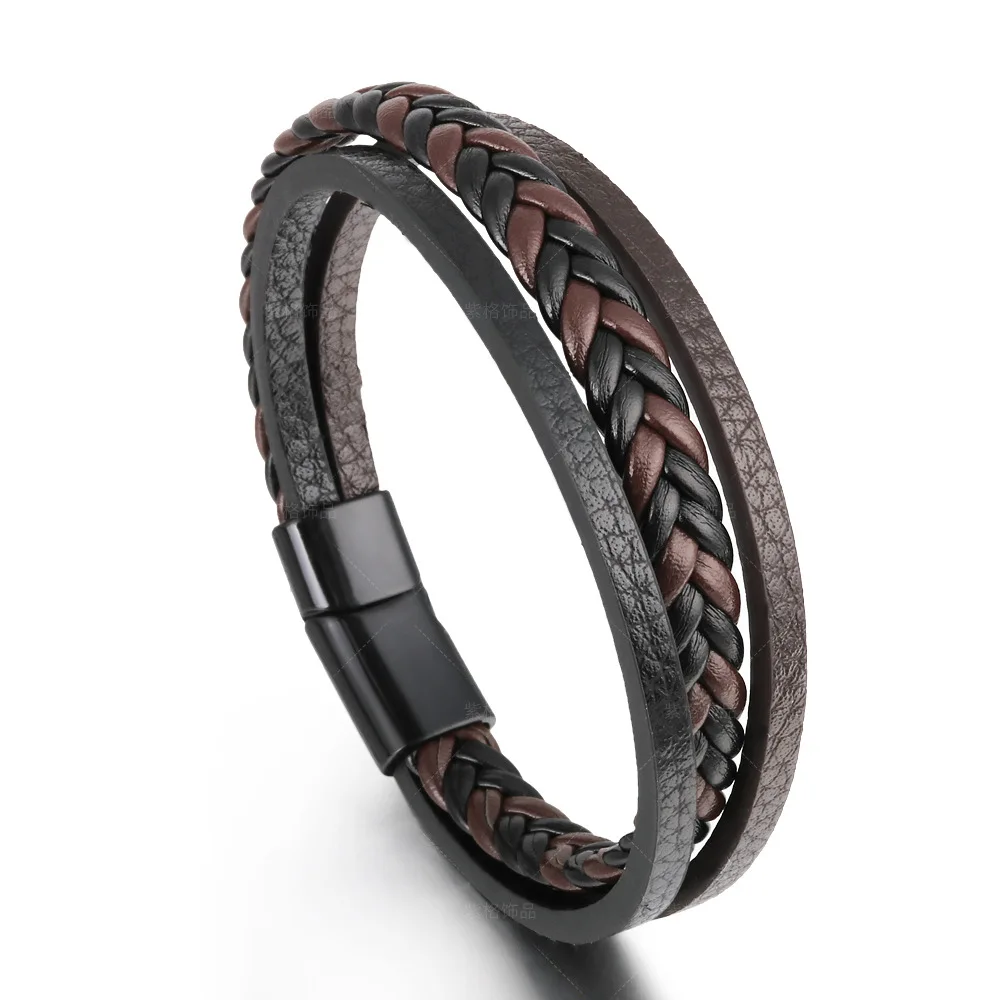 

New Arrival Retro Magnetic Clasp Leather Braided Bracelet Multi Layer Leather Wrap Bracelet