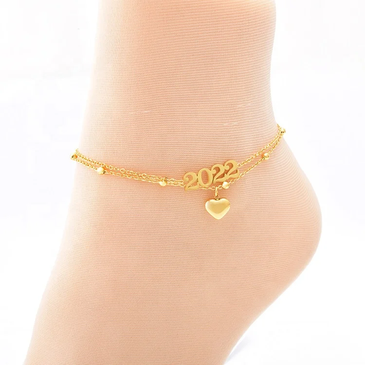 

Exquisite Unlimited Charm stereoscopic Digital Stainless Steel Gold Plated Double Chain Heart Pendant Women Barefoot Anklet