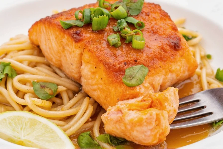 Perfectly cooked honey ginger salmon with vegetables on a white plate