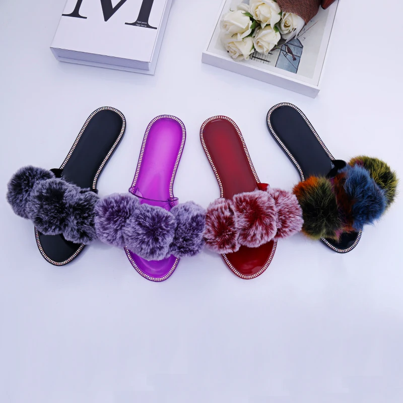

2021 hot selling and cheap diamond soles candy colorful faux fur flat women slippers