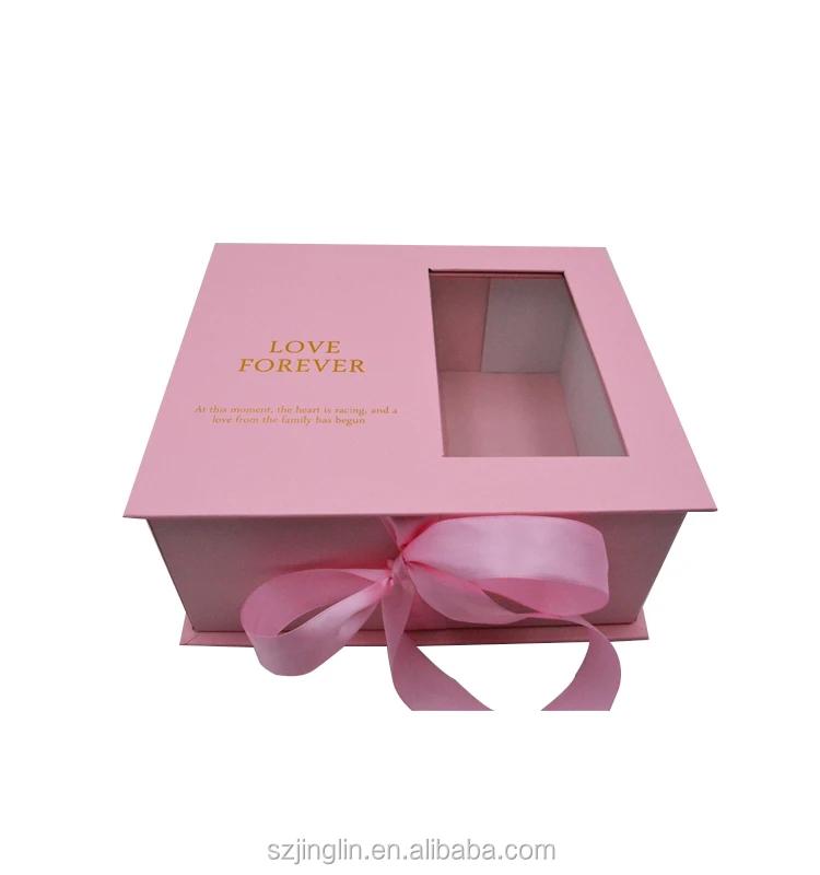 Pink Gold Hot Stamping Logo Rigid Paper Box with Clear PVC Window Ribbon Closure for Wig Hair Extension Packing