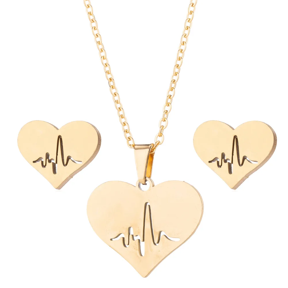 

Valentine's Day Gift Gold Silver Charm Electrocardiogram Heart Pendant Stainless Steel Earring Necklace Jewelry Set For Women, Silver & gold color