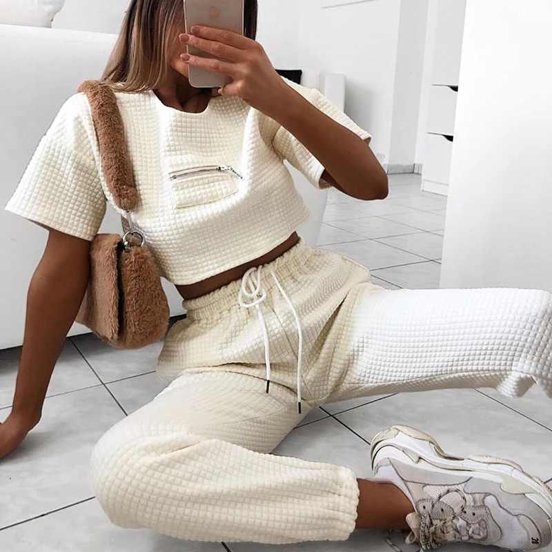 

2021 hot sales Fashion Ruched Women short Sleeve Crop Top And Stacked Leggings 2 Piece Set