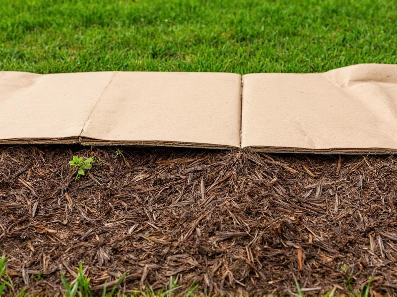 Cardboard and mulch layer preventing weed growth in garden