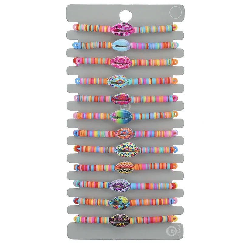 

Bohemian Rainbow Soft Clay Polymer Beads Colorful Shell Pendant Bracelet set DIY Adjustable Handmade woven bracelet set, Picture