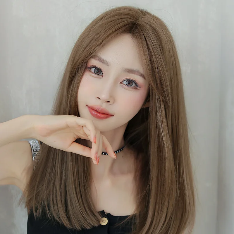 

Factory wholesale Korean fashion mid-point bangs wig female long hair natural repair clavicle straight hair wig headgear