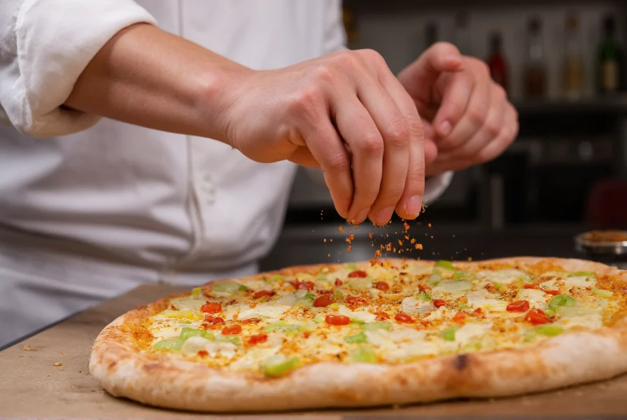 Chef sprinkling red pepper flakes on pizza showing culinary application