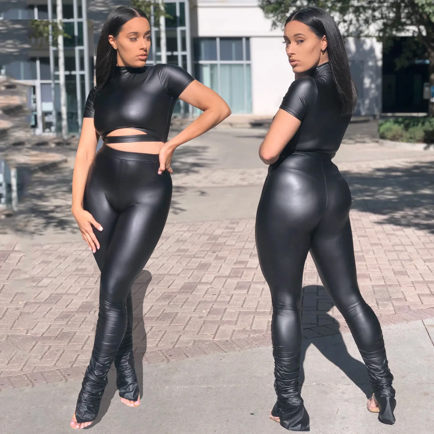 

X5450 - Sexy Short Sleeve Leather Women Two Piece Outfits