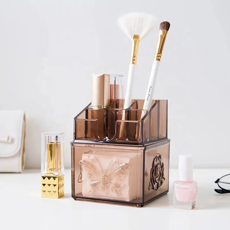 Stackable transparent carved lipstick storage box compartment plastic cosmetic box desktop cotton swab box