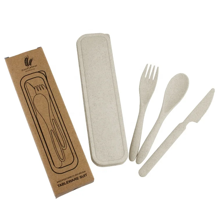 

Hot selling Eco-friendly cutlery travel set biodegradable cutlery reusable wheat straw fiber flatware for picnic, Blue/pink/green/beige(nature)