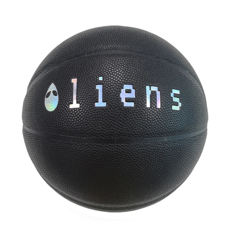

Custom iridescent logo size 29.5 black composite leather basketball for indoor and outdoor play, Golden color and red