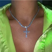 

Barlaycs 2020 Fashion Glitter Sexy Party Diamond Silver Cross Crystal Rhinestone Tennis Girl Pendant Necklace Chain for Women