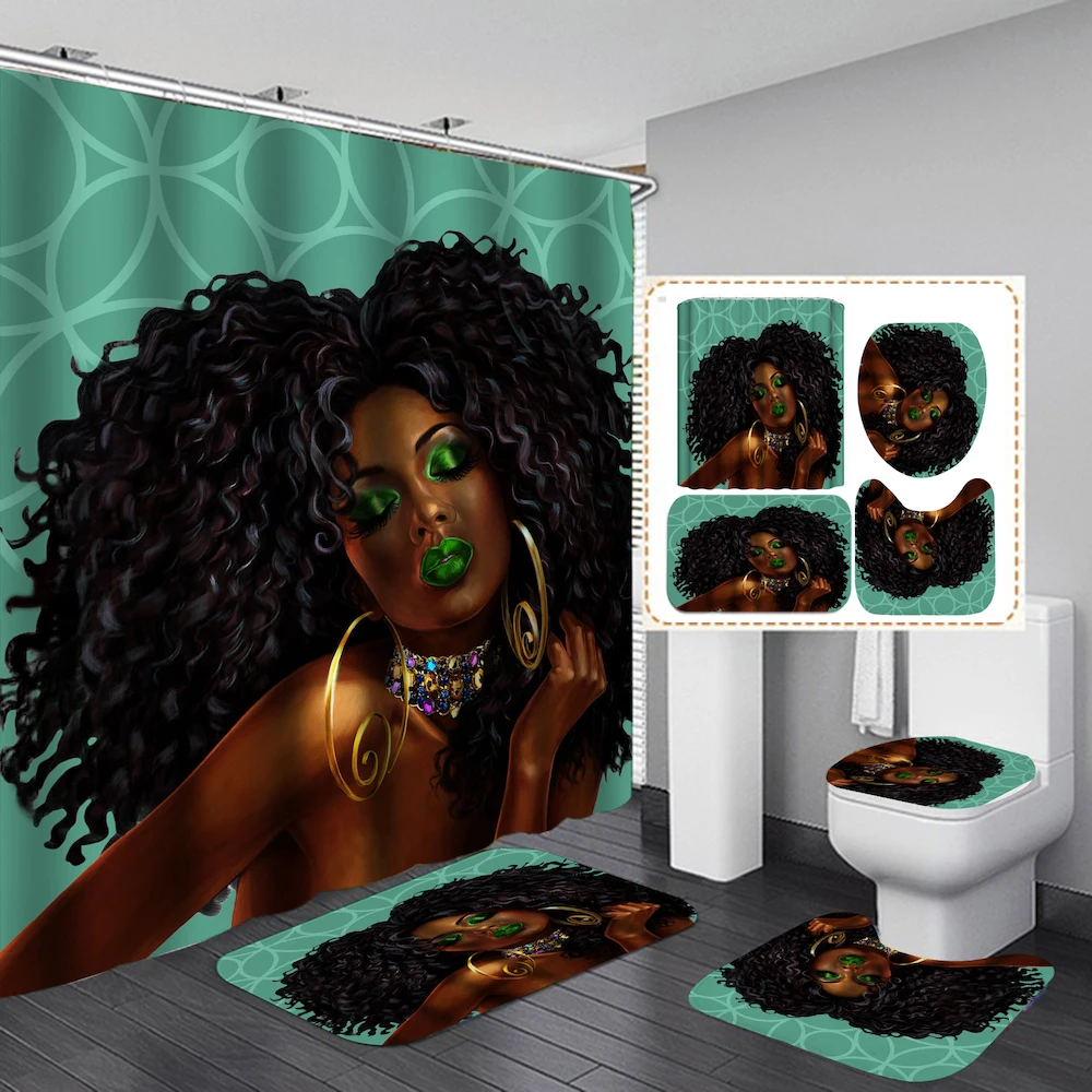 

Washable Sublimation Fabric Black Girl Hotel Bathroom Curtains, Fashion Extra Long Fabric Hotel Shower Curtain And Rug Set/, Accept customized color