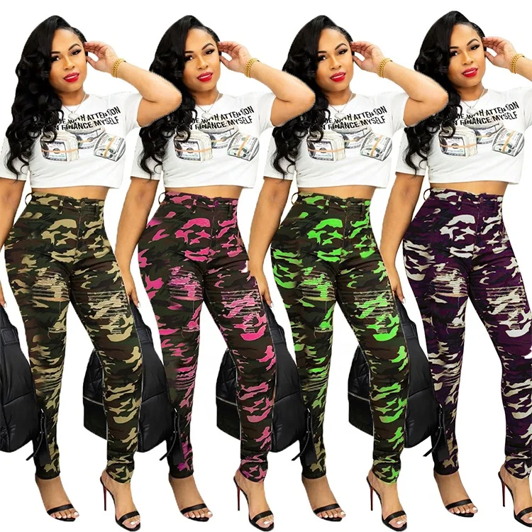 

Fashion casual broken hole burnt flower slim camouflage sports slim leggings, 4 colors