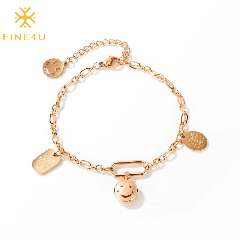 

Cute women fashion accessories stainless steel link chain rose gold plated smiley happy face bracelet jewelry, Steel/rose gold