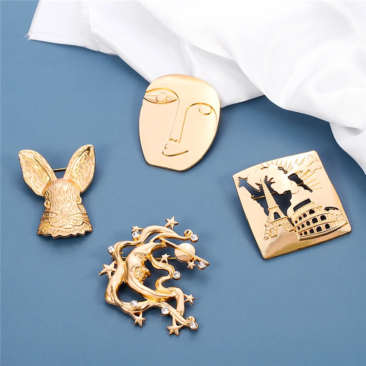 

Trendy Rabbit Moon Crystal Square Tower Face Metallic Brooch Vintage Chic Gold Color Abstract Art Brooch Costume Accessory