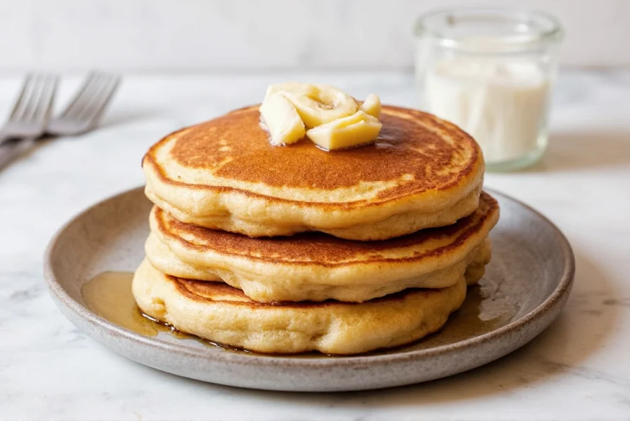 Stack of golden brown cinnamon roll pancakes with visible cinnamon swirls and cream cheese glaze drizzled on top, served with fresh berries