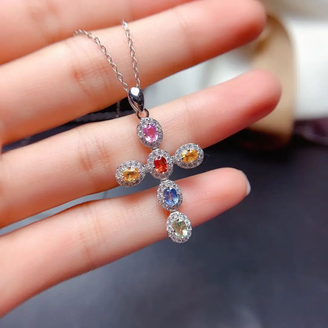 

Fashion Jewelry Red Blue Gemstone Ankh Necklace Rainbow Color Iced Out Cubic Zirconia CZ Cross Pendant Necklace Accessory, Picture