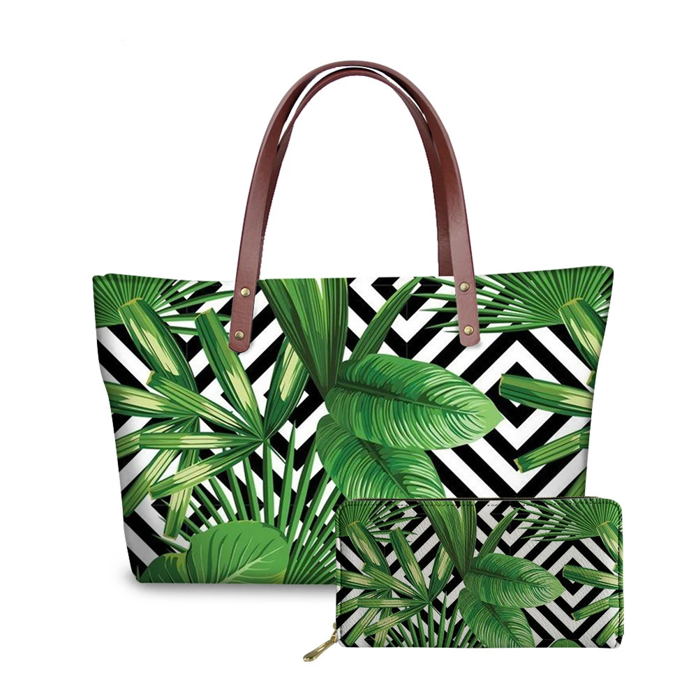 

Fashion Tropical Palm Leaves Pattern Handbags With PU Wallets Women Stylish 3D Custom Totes for Girls Ladies Drop Shipping 2019