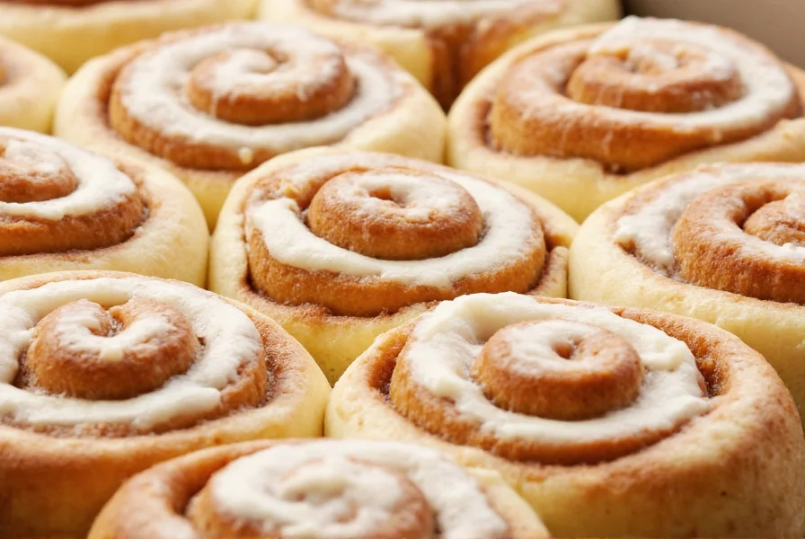 Close-up of traditional cinnamon rolls with cream cheese frosting showing spiral pattern