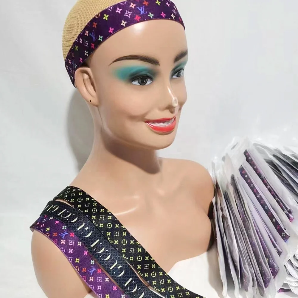 

Low MOQ Multicolor Private Label All Over Logo Print White Black Knitted Frontal Elastic Lace Wig Hair Melt Band