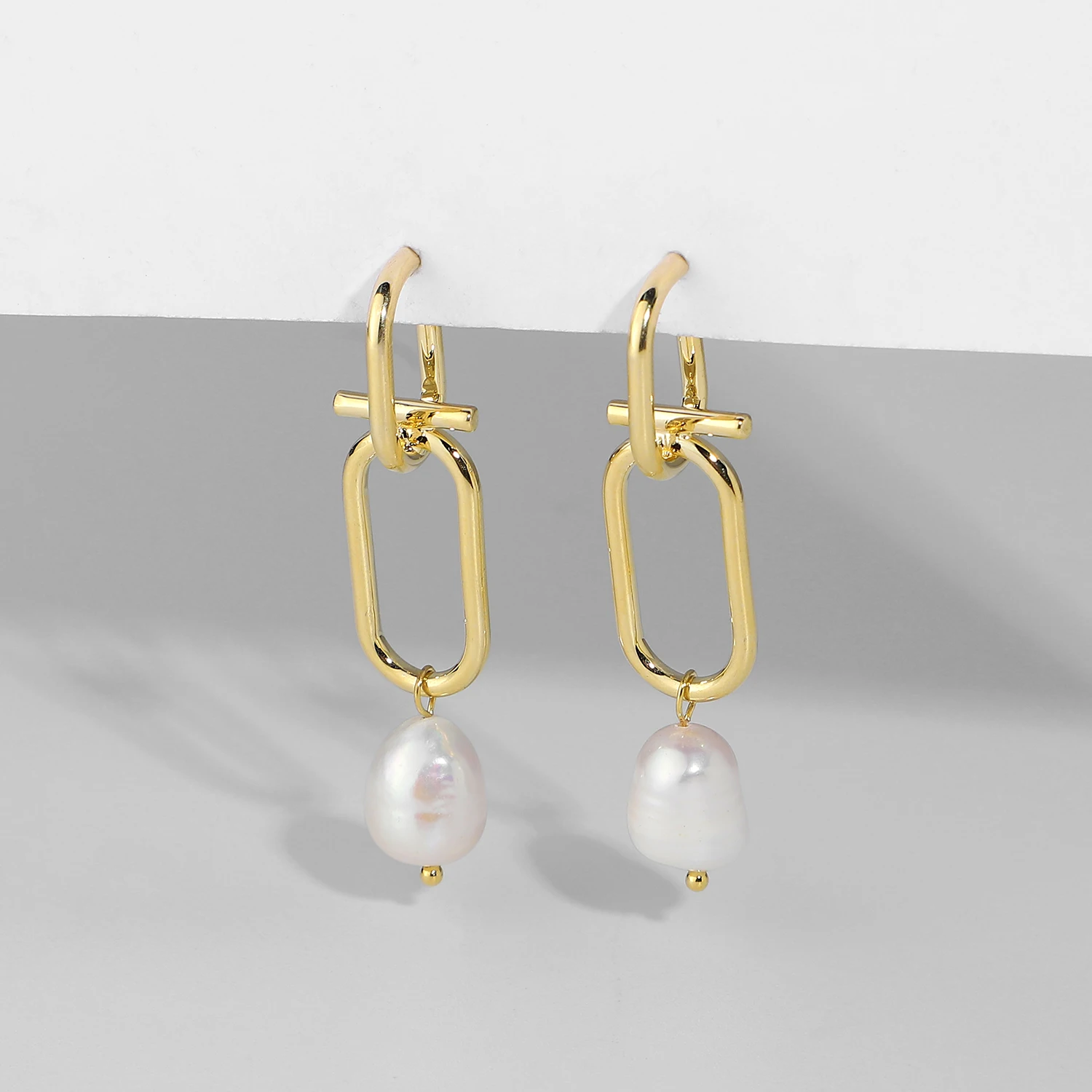 

Baroque Freshwater Pearl Drop Earrings Unique 14K Gold Plated Brass Link Chain Dangle Earrings