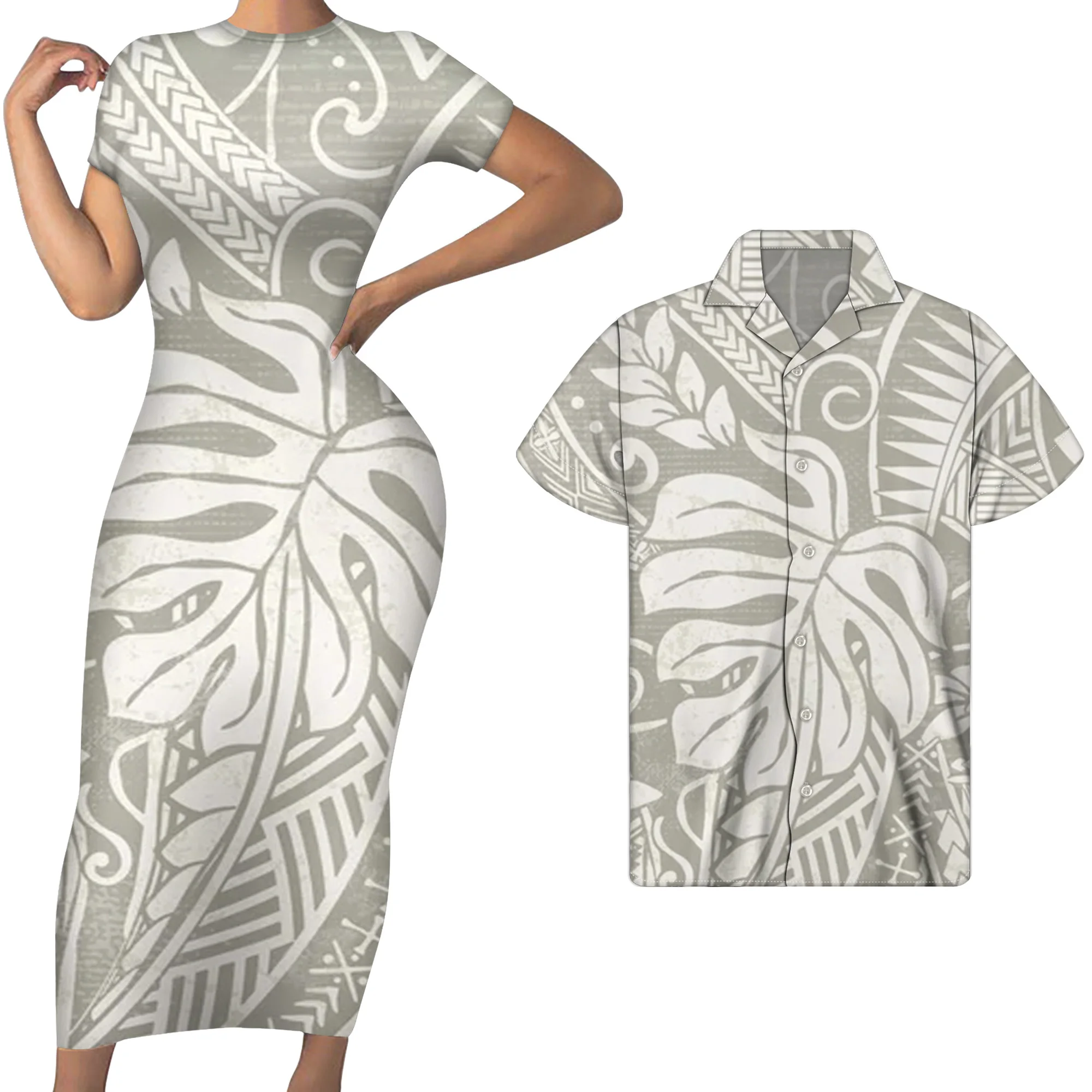 

Retro Polynesian Tribal Light Gray Monstera Floral Print Custom 2pcs Set Couple Clothes Summer Lady Maxi Dress Match Shirts Tops, Customized color