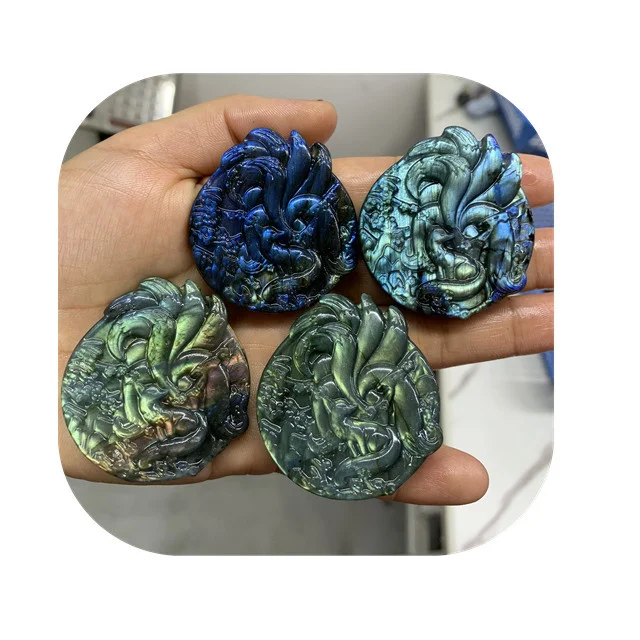 

Wholesale 47mm carving semi precious stones crystal crafts natur blue flash labradorite crystal nine-tailed fox for gift